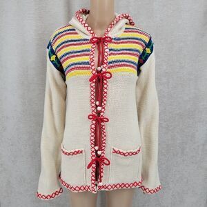 70s Crochet Cream and Colorful Hooded Cardigan Hippie Earthing Natural Boho